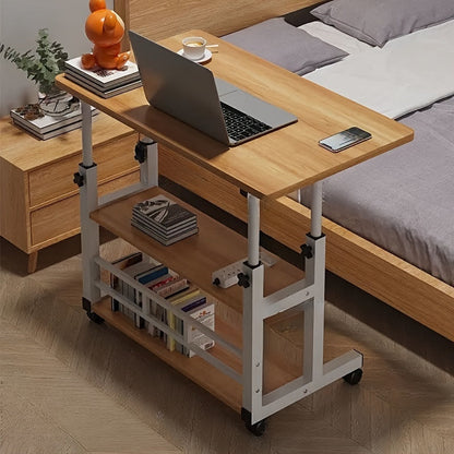 A convenient folding desk on wheels, adjustable height, and versatile usage - perfect for students, home office, or bedside. Large, portable design with a shelf for study or laptop work.