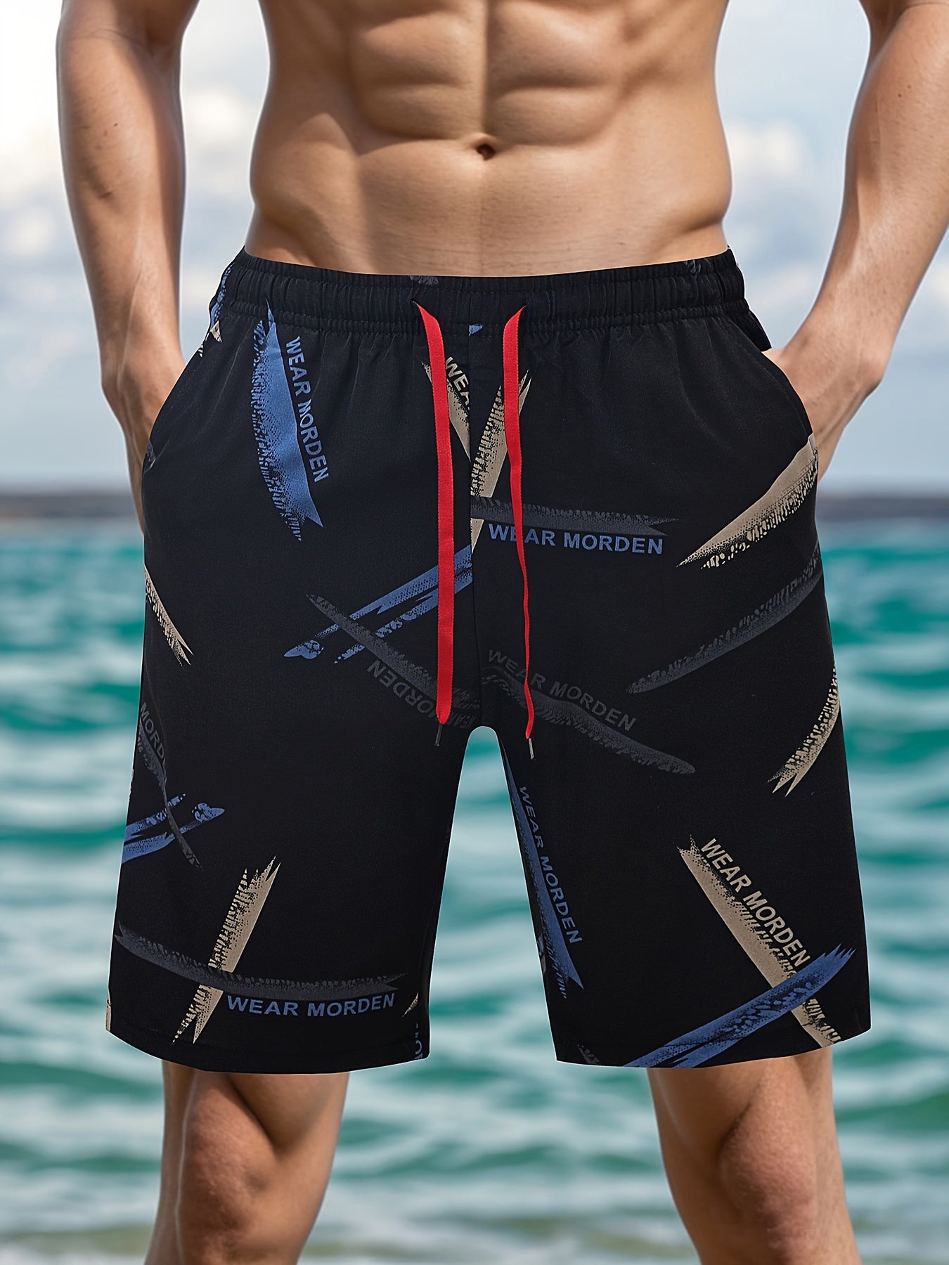 Men's summer knee-length shorts made of breathable polyester (92%) and spandex (8%) fabric with a unique print. Ideal for leisure activities, fashionable and trendy.