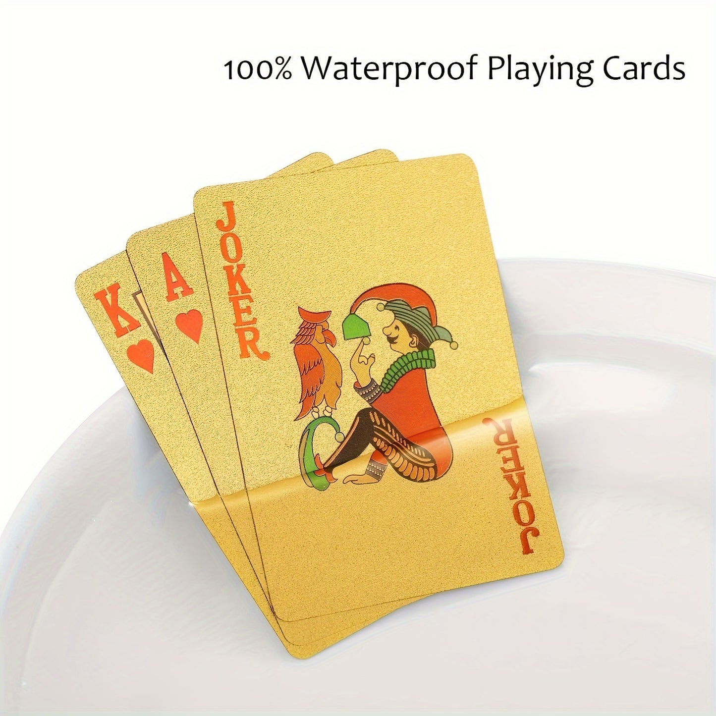 2 Decks of waterproof PVC playing cards with 24K golden foil, ideal for magic, collectibles, and card games.