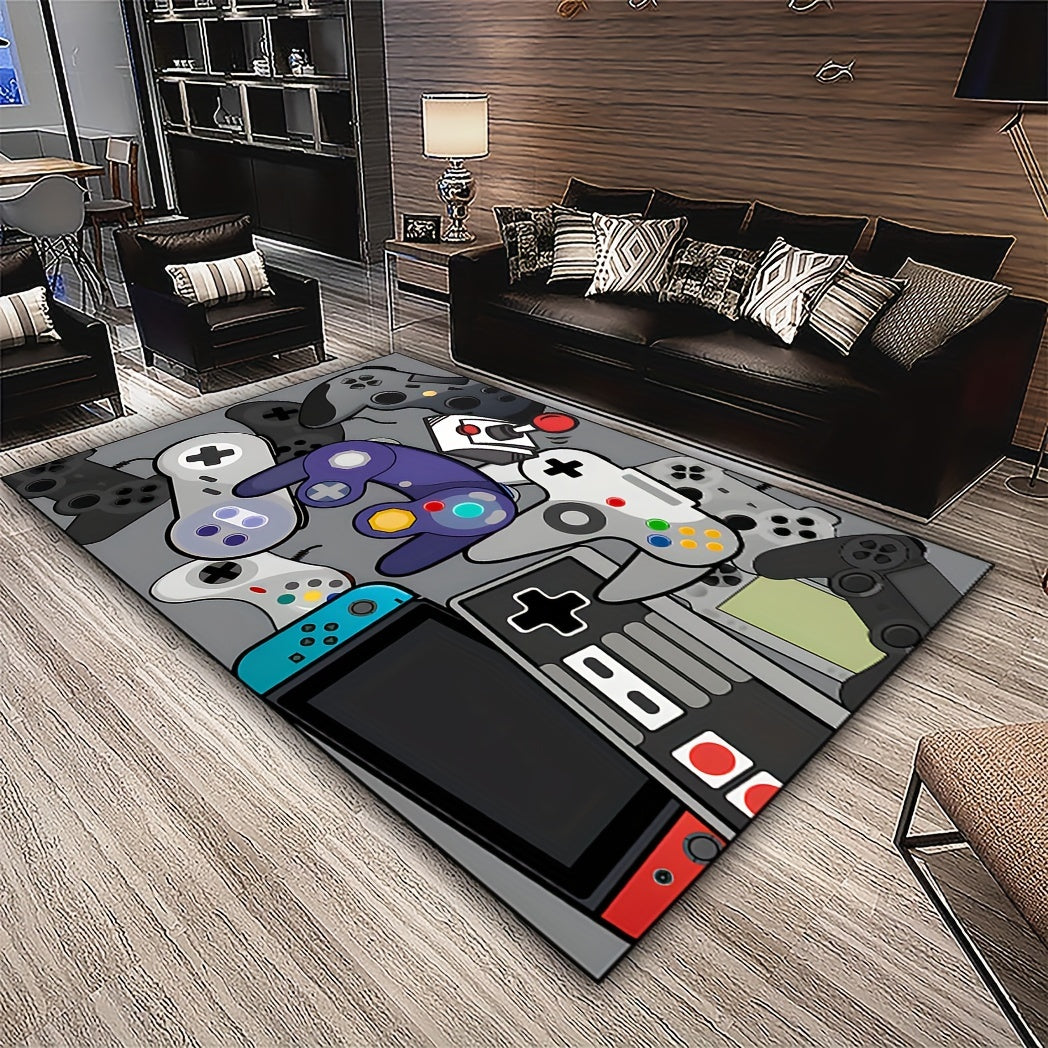 Game Controller Pattern Area Rugs available in various sizes (19 x 31, 31 x 47, 47 x 62, 62 x 90 inches). Made of anti-slip and machine washable polyester fiber carpet. Ideal for use in bedrooms, living rooms, offices, and gaming rooms. Perfect for