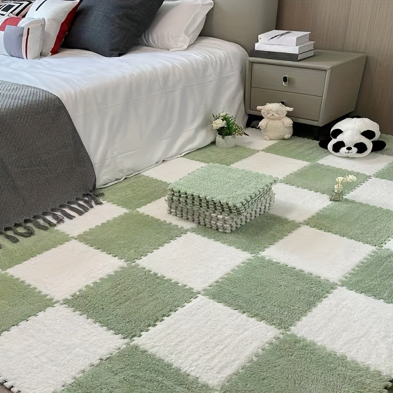 24-piece set of geometric plush area rugs made from washable polyester & EVA, perfect for indoor use in bedrooms and living rooms, pet-friendly and holiday themed.