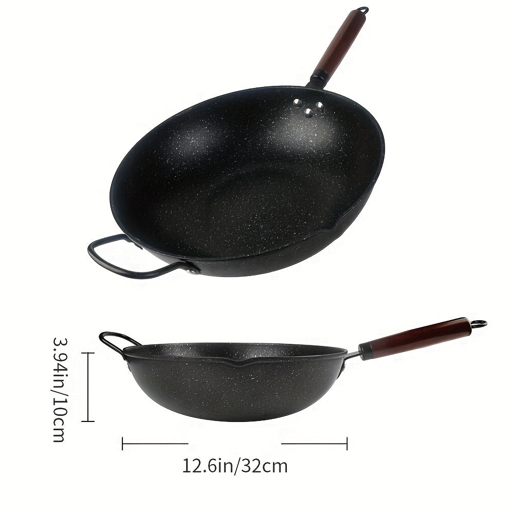 32CM Chef's Pan Cast Iron Wok with Stone Coating, Dual Handles, Non-Stick Surface - Compatible with Electric, Gas, Halogen, Oven & Induction Cooktops - 12.5 Inches