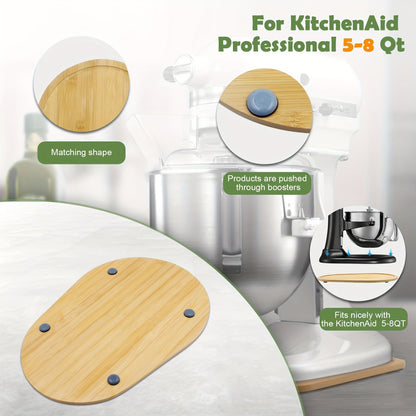 The Bamboo Mixer Moving Pad is designed to fit 5-8 Quart Stand Mixers, made from natural bamboo with no paint or smell. It is durable, resists mold and cracking, and easy to use. This countertop mixer storage and mobility accessory is a great addition to