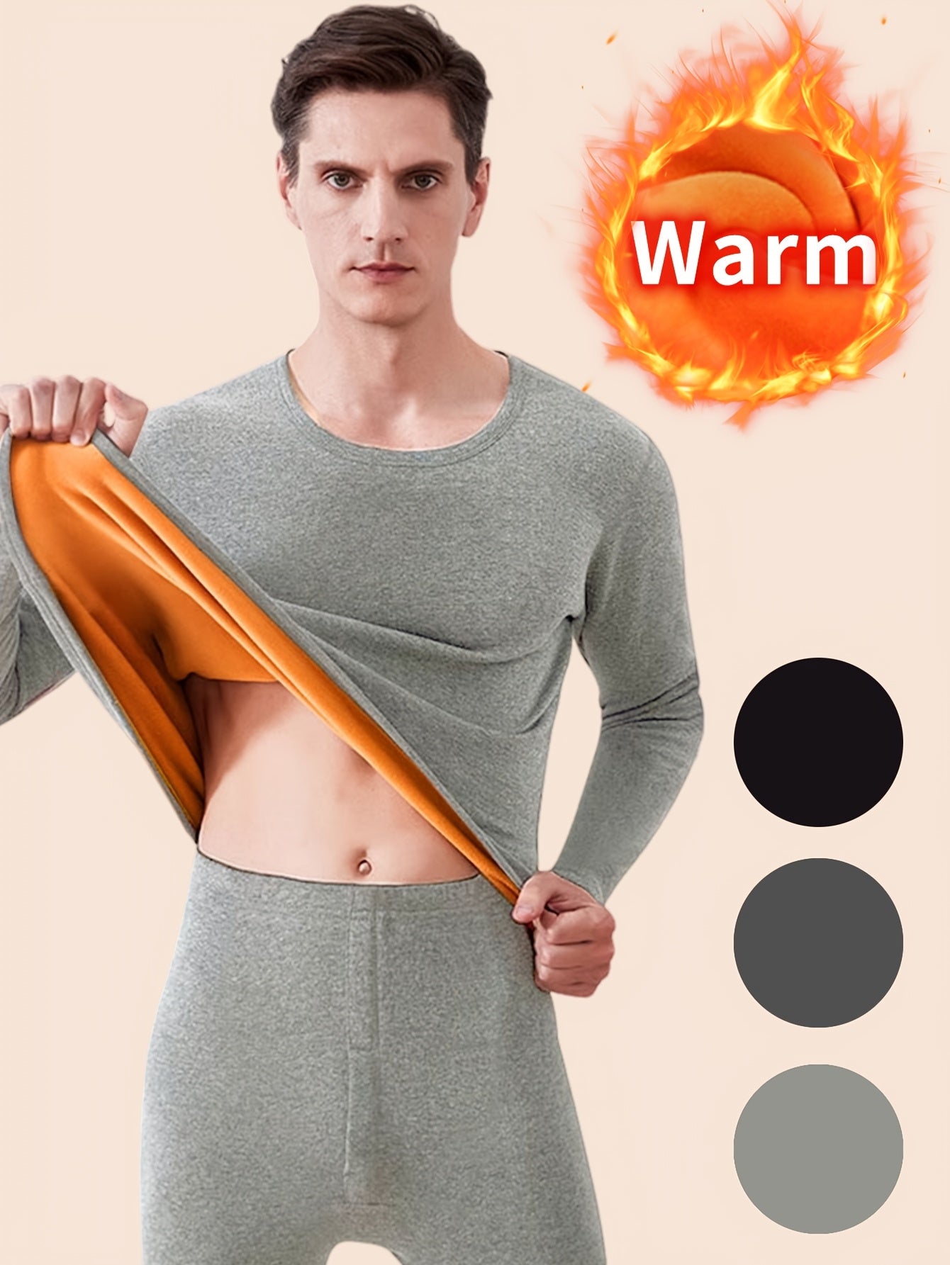 Men's winter pajama set with ultra-thick fleece, including plush long sleeve top and skinny pants. Made of 95% polyester and 5% spandex, featuring crew neck, solid color, knit fabric, and