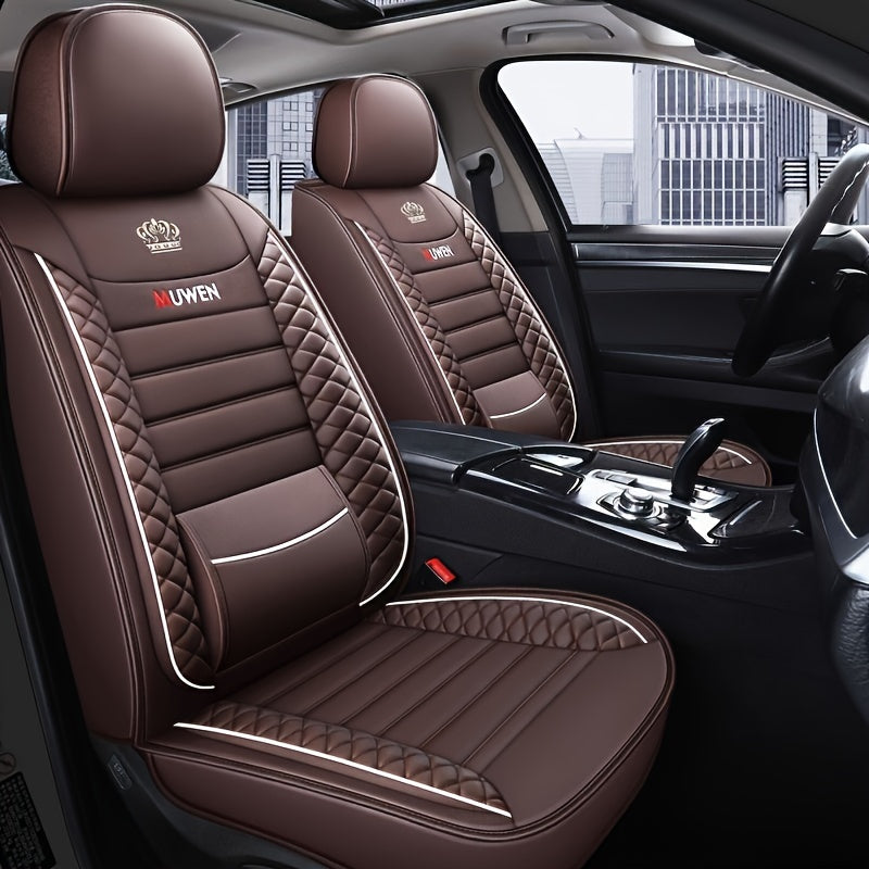 All-season faux leather car seat cushion cover with fixed lumbar support for universal front single seat fit.