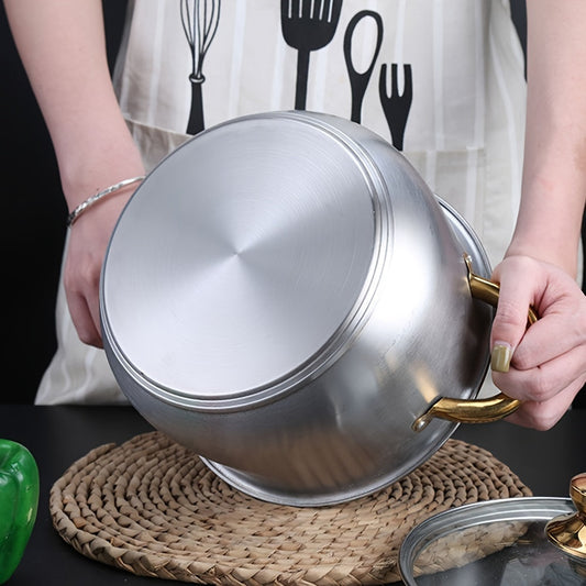 Set of soup pots with golden handles and curved bottoms