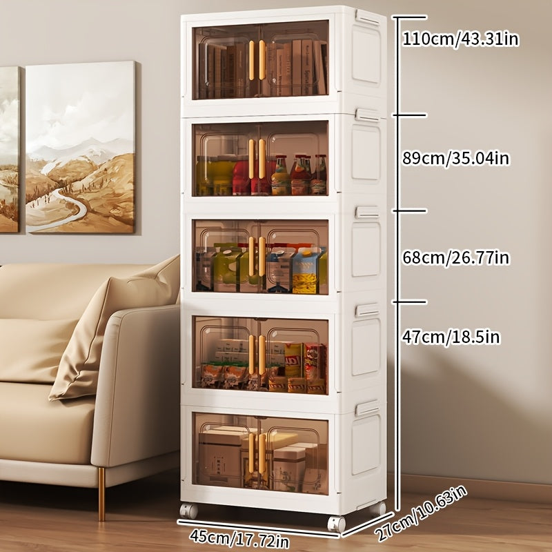 Foldable storage cabinet (46.99cm x 29.21cm) made of waterproof plastic with magnetic closure. Ideal for living room, kitchen, and bedroom. Features wheels for easy mobility. Can be used as