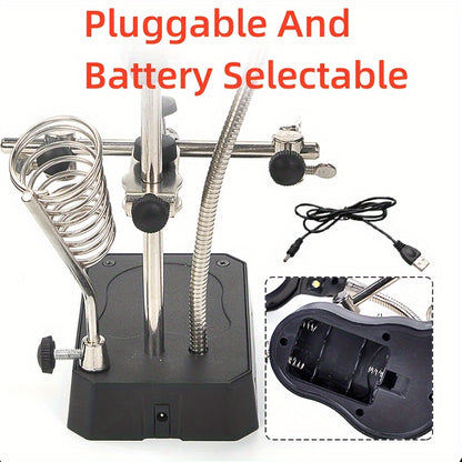 LED lighted magnifying station with 2.5X, 7.5X, and 10X magnification, perfect for soldering and crafting. Includes clamp and alligator clips for easy use on desktop. Ideal for jewelry