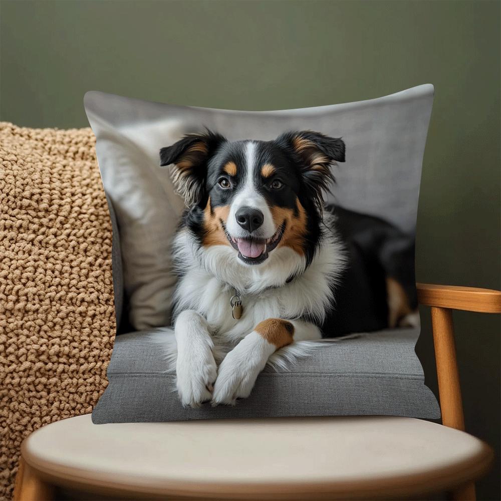 Polyester Throw Pillow Cover featuring an Australian Shepherd Dog design. Square cushion case with removable cover, machine washable and light compression. Ideal for use on your sofa, bedroom, or in the office. Fits cushions up to 45.01cm. Note: Cushion