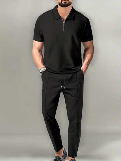 Men's two-piece set featuring short sleeve waffle knit top with turnover collar and zipper, paired with long pants.