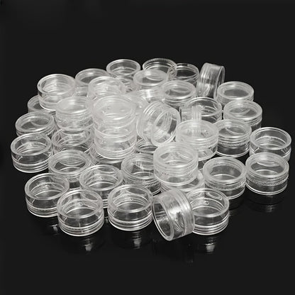 10 clear round plastic containers with secure lids are ideal for storing nail art, glitter, and cosmetic samples. They are lightweight and portable, perfect for bathroom and makeup organization. Ideal for nail care products.