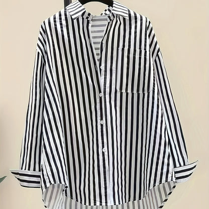 Women's Striped Button-Up Shirt: 100% Polyester, Long Sleeve, Lapel Collar, Casual Vacation Style, Sun Protection - Spring/Summer/Fall Collection