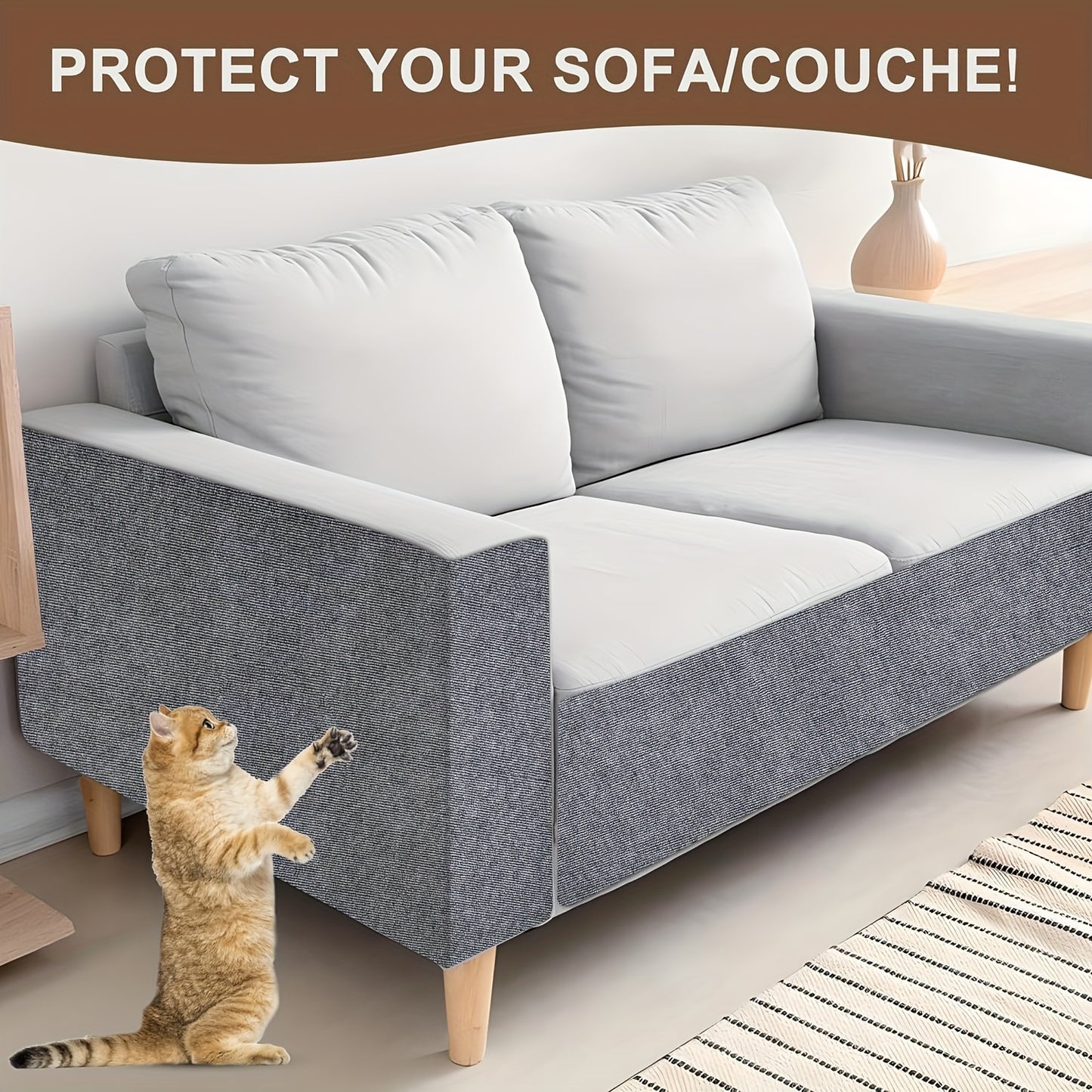 Self-adhesive cat scratching mat protects furniture with customizable sisal pad for couches, sofas, and carpets.