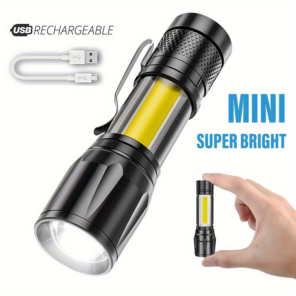 Shustar S-216 Ultra-Bright Mini LED Flashlight: rechargeable, portable work light with XPE & COB side light, telescopic zoom, USB charging - great for camping, hiking, and outdoor