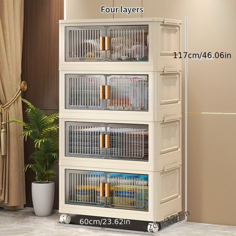 Foldable plastic storage cabinet with multiple layers for easy assembly and space-saving organization. No power required, ideal for home storage on desks and drawers.