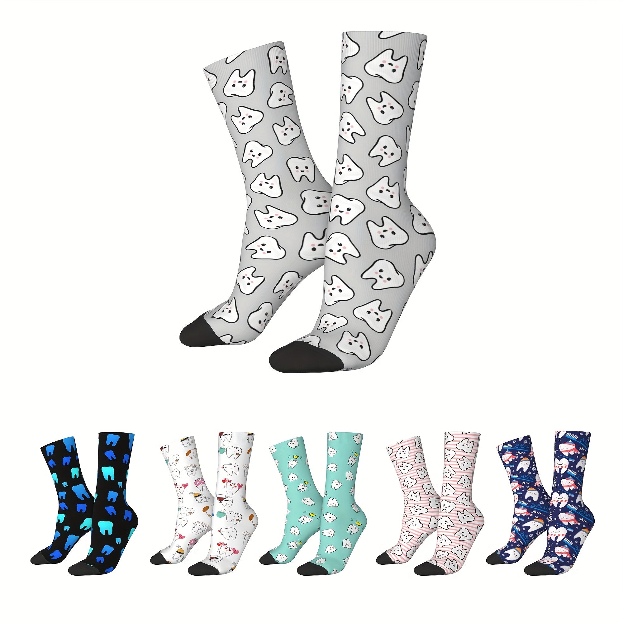 Novelty crew socks with 3D teeth print for all seasons- breathable and comfortable fit.