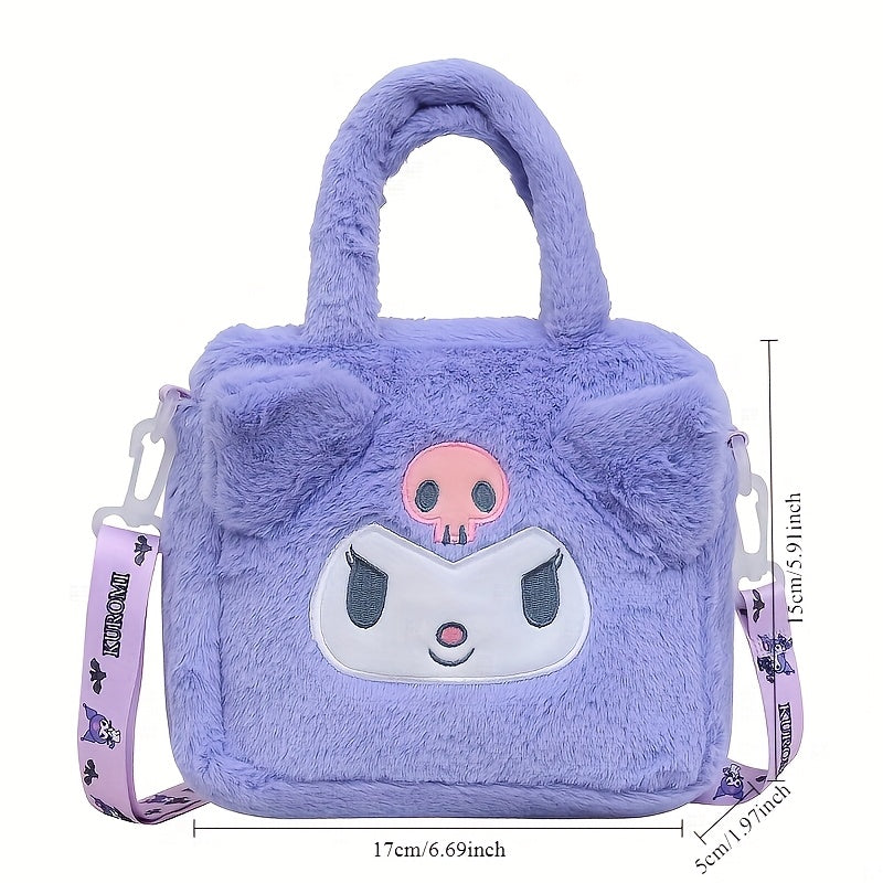 Sanrio plush handbag with Hello Kitty, for Kuromi, My Melody, and Cinnamoroll wallets, and cute fluffy crossbody bag from anime series.