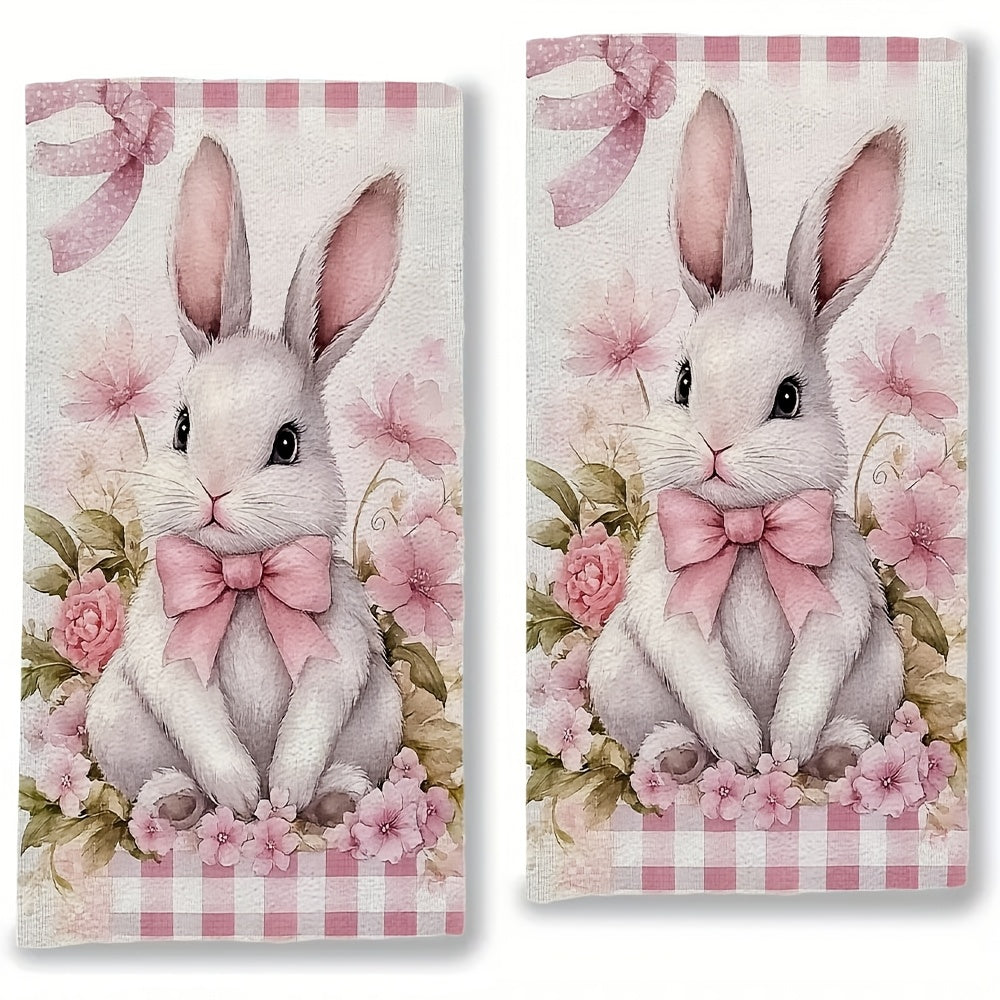 Get twice the convenience with our 2-Pack of ultra soft polyester kitchen towels. These high absorbency dish hand towels feature a charming coastal theme with bunny and bow design. Each towel measures 40.64x60.96 cm and is machine washable for easy