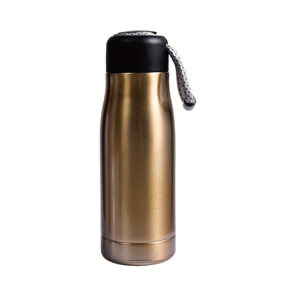 Personalized thermos bottle with laser-engraved text on stainless steel featuring rope design.