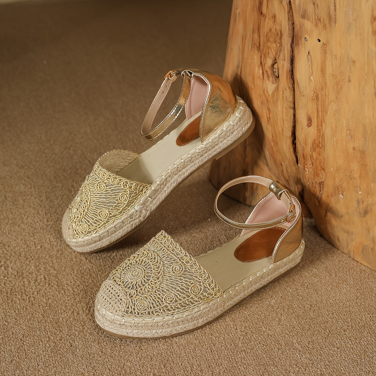 Women's straw woven platform sandals with closed toe and ankle straps, perfect for vacation.