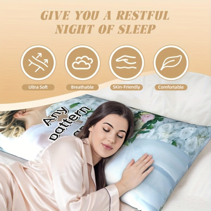 One-piece Personalized Long Hug Pillow Cover - Customizable Photo Body Pillowcase measuring 50.8x137.16 cm. Features Invisible Zipper, Soft Plush Fabric, and Double-Sided Print. Perfect for Valentine's Day, Christmas, and Thanksgiving Gifts. Insert not