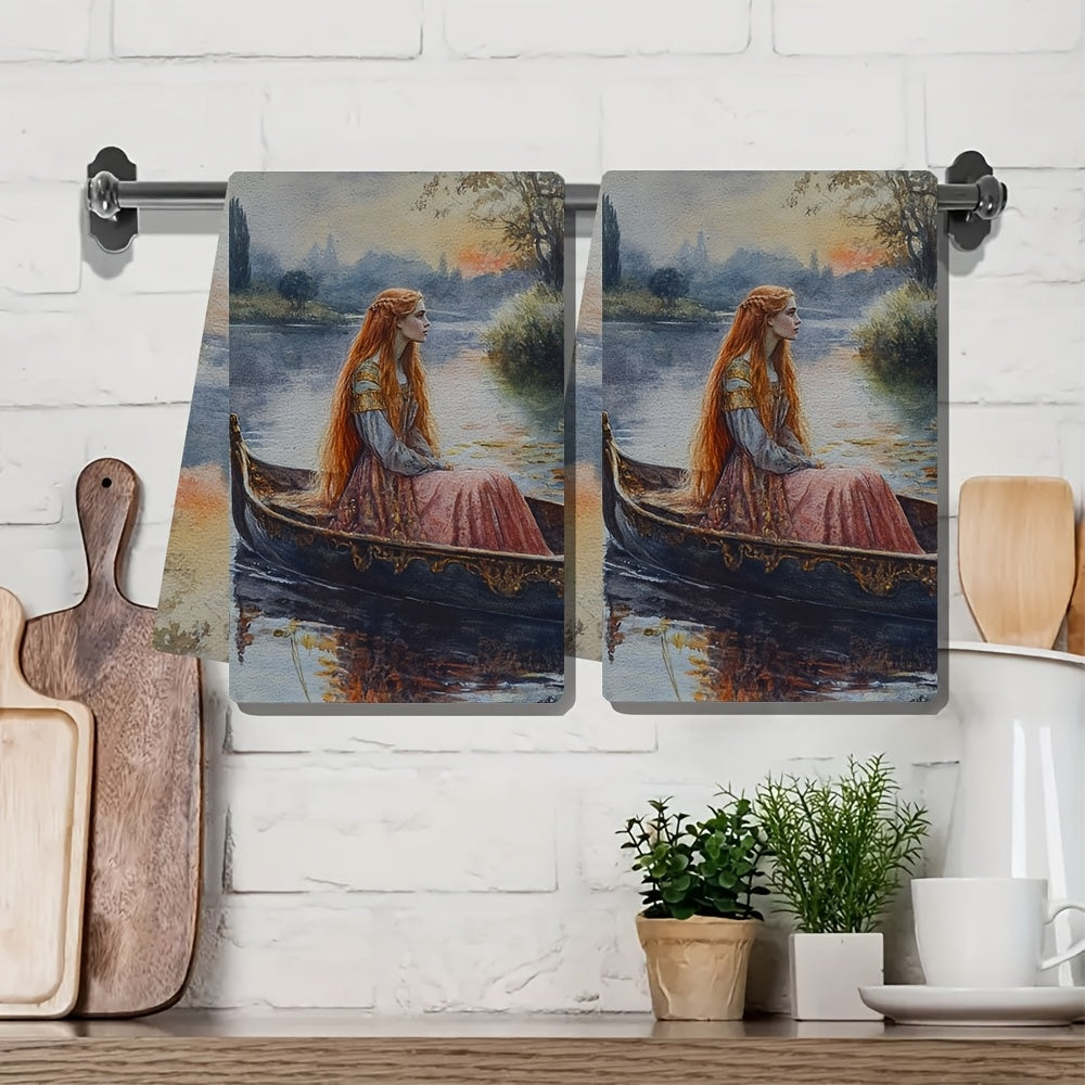 Two pieces of ultra-soft kitchen towels featuring "The Lady of Shalott" by John William Water Scene. These highly absorbent and machine washable dish hand towels measure 40.64x60.96 cm. They are made of contemporary polyester decor, perfect for use in