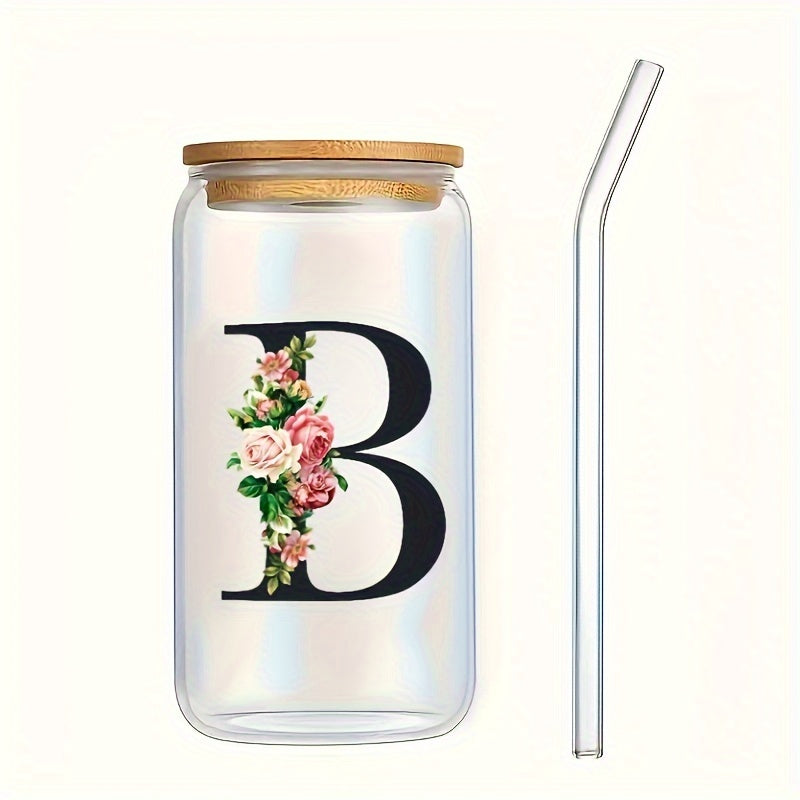 Alphabet flowers drinking glass with bamboo lid and straw, ideal birthday gift for women, friends, girls. 16 oz coffee glass, perfect for moms.