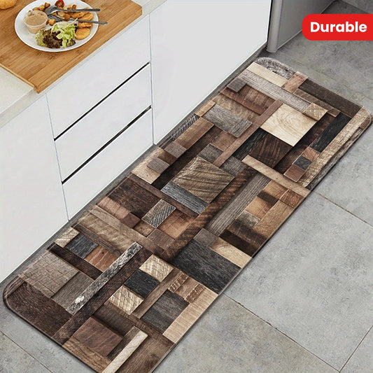 Hand washable vintage carpet made of durable wooden stripes, ideal for decorating kitchen, bedroom, hallway, living room, laundry room, and bathroom areas.