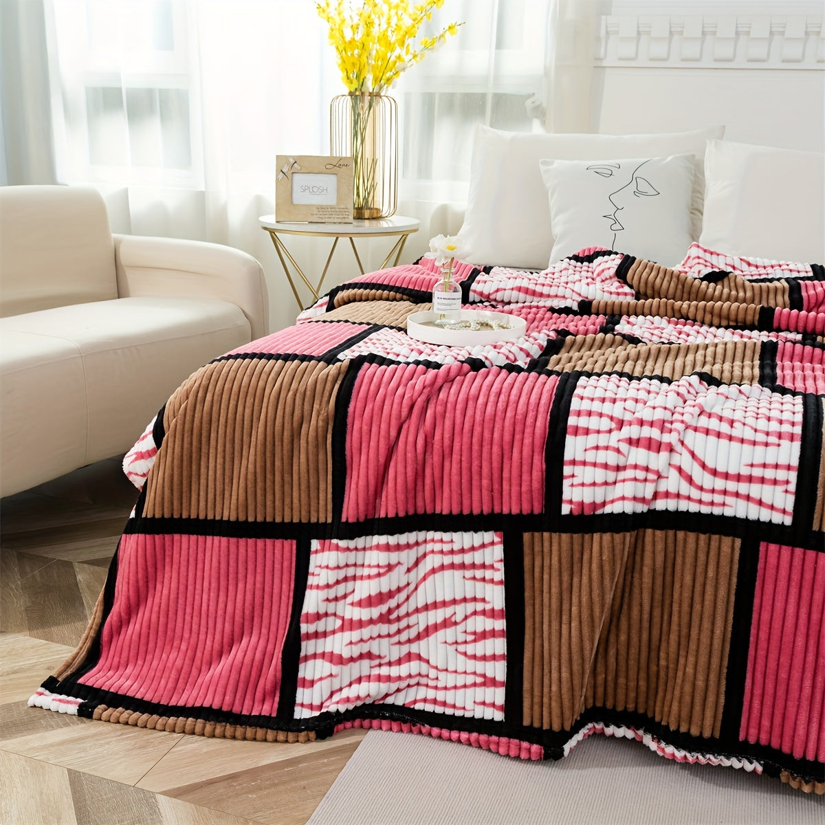 Soft and luxurious, this Color Block Faux Rabbit Fur Bed Blanket adds a cozy touch to any room in your home. Perfect for keeping warm on chilly nights, this stylish throw blanket is perfect for beds, sofas, and couches.