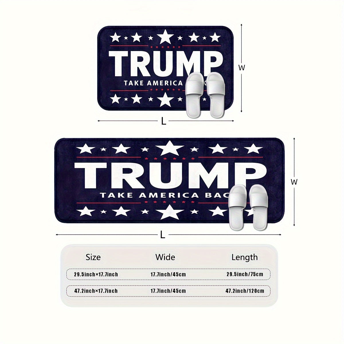 Trump Take America Back Doormat available in two sizes: 74.93cm x 44.96cm and 119.89cm x 44.96cm. Features: Machine washable, non-slip, and durable for long-lasting use.