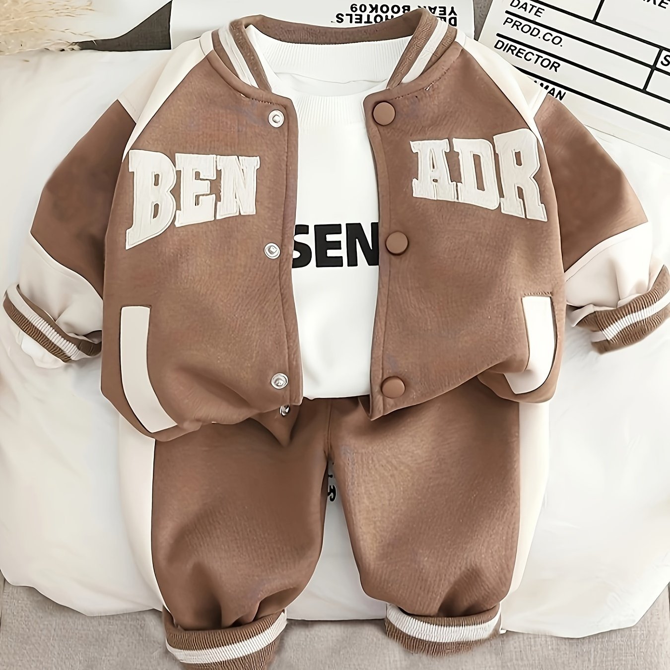 Baby boy's stylish baseball coat, sweatshirt, and pants set, perfect for outdoor wear in spring, autumn, and winter.