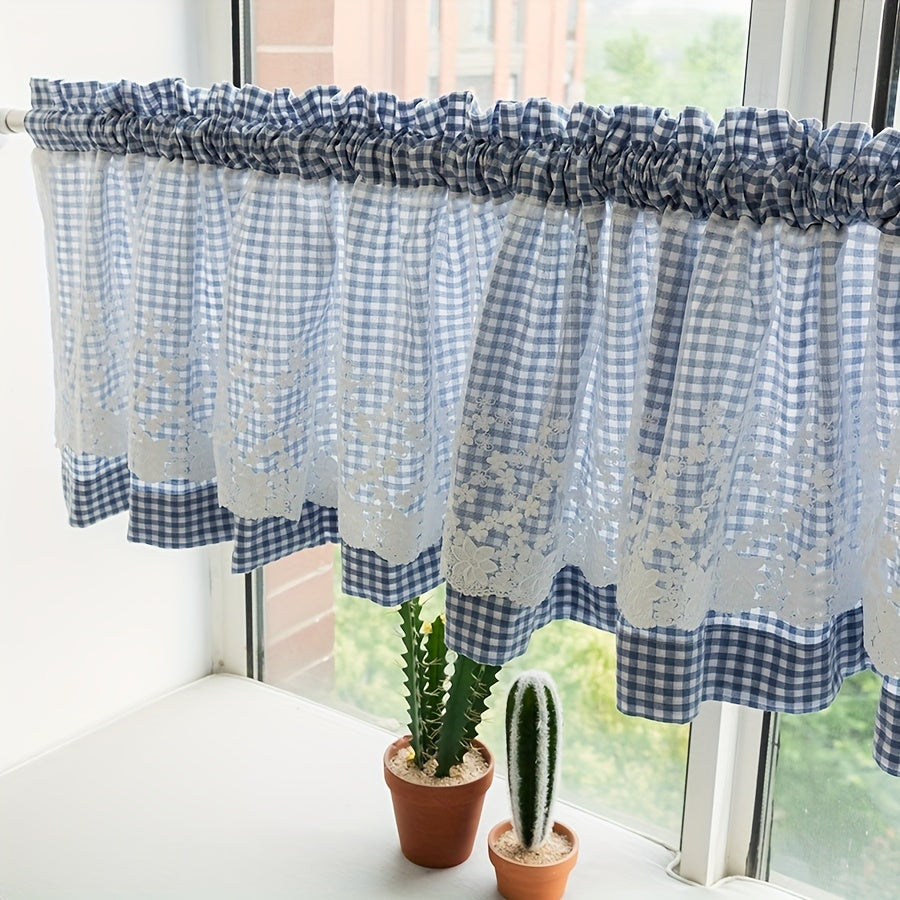 Add a touch of pastoral charm to your living room, kitchen, or cafe with this beautiful blue plaid short curtain featuring delicate lace detailing and a convenient rod pocket design.