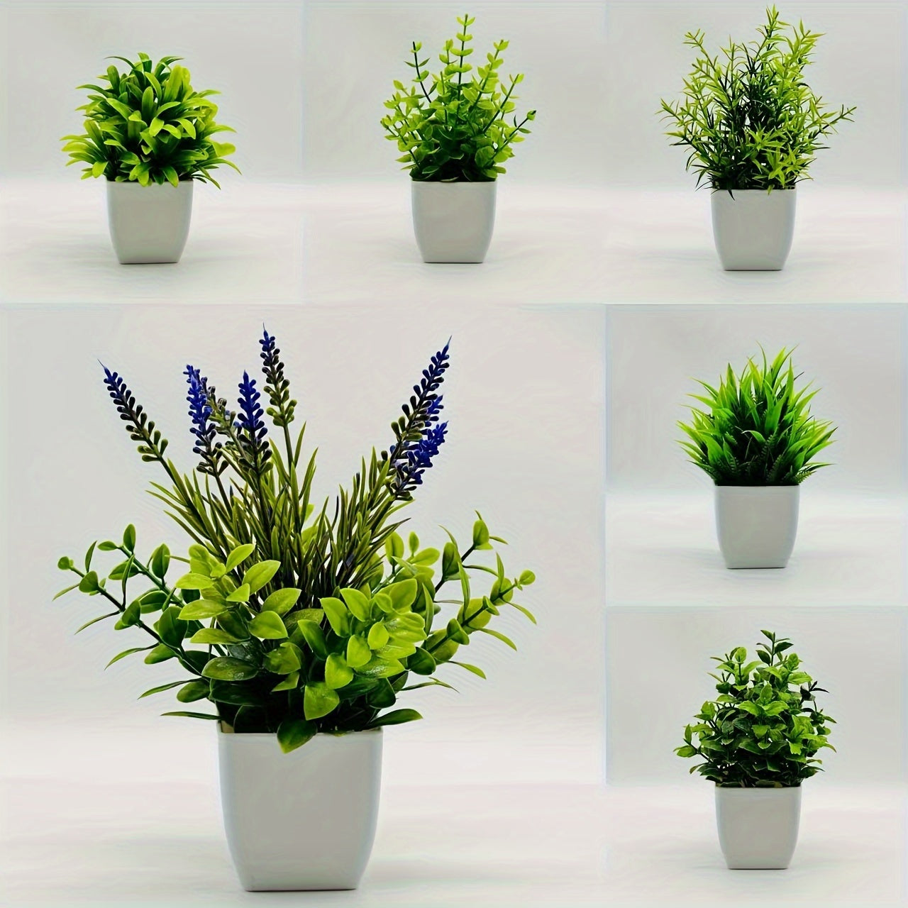 Small artificial white flowerpot with green plant, ideal for indoor home decoration. Can also be used as a mini green plant pot for offices, bathrooms, and bedrooms.