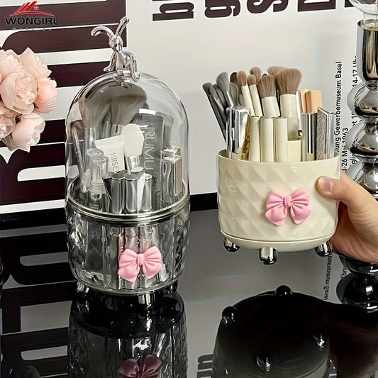 Clear plastic makeup organizer with dustproof lid for lipstick, brushes, and accessories.