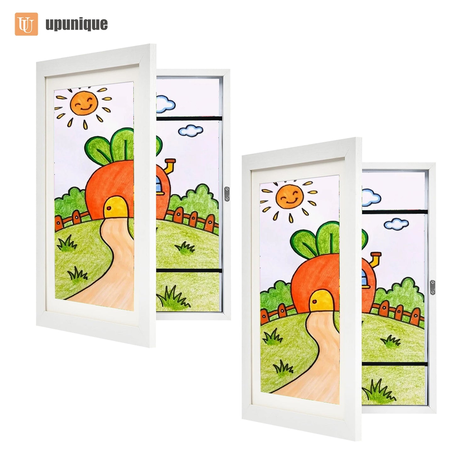 Kid's magnetic wooden picture frame for drawings and schoolwork with a lightweight design and vertical orientation, perfect for ages 3-12. Great for gifting at school or graduation.