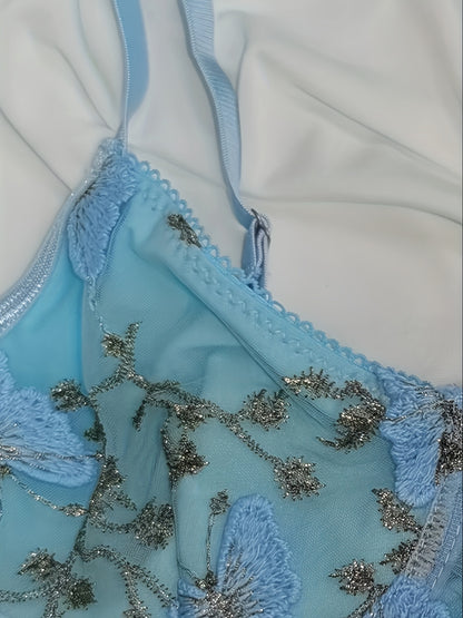 Sheer mesh embroidered butterfly bra top with steel ring detail.