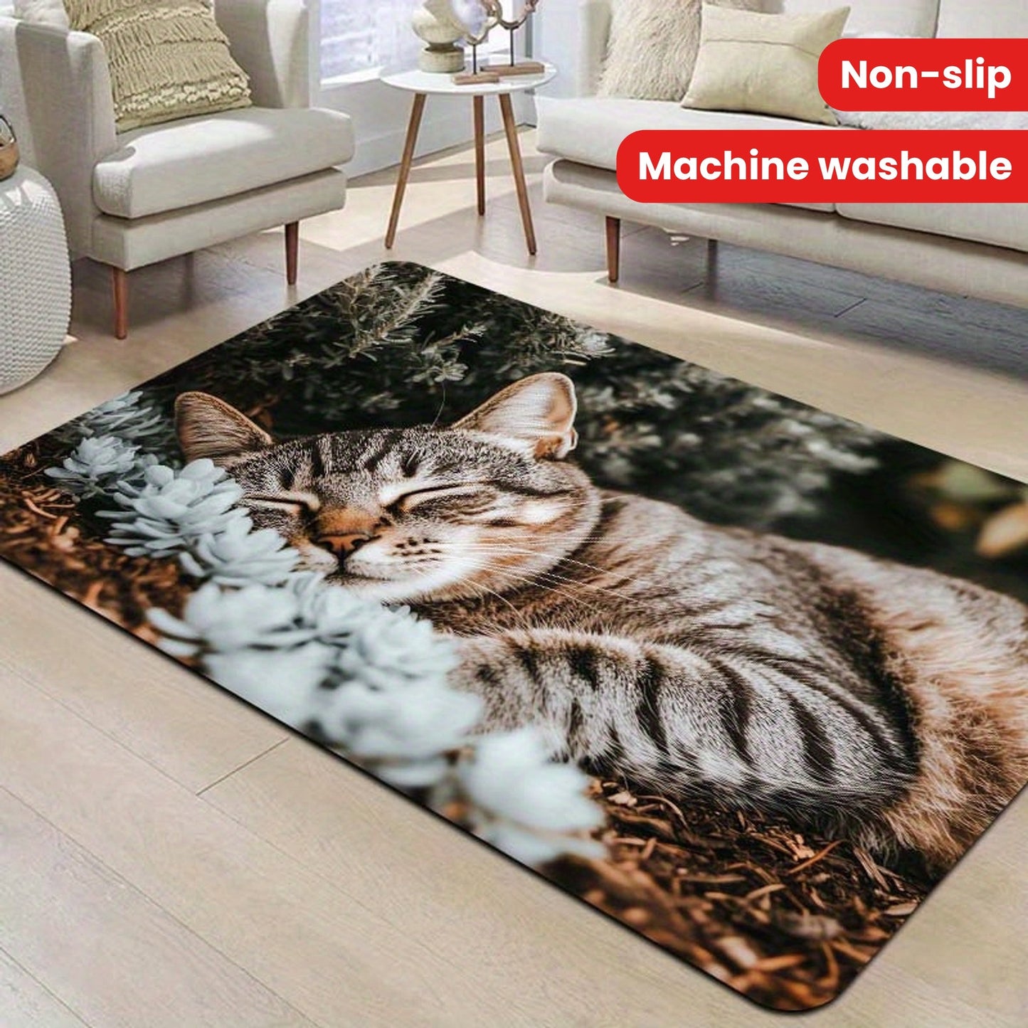 Indoor Cat Nap Design Doormat made of Machine Washable Polyester with Non-Slip PVC Backing - Perfect for Bathroom, Kitchen, Living Room, and Bedroom Decor