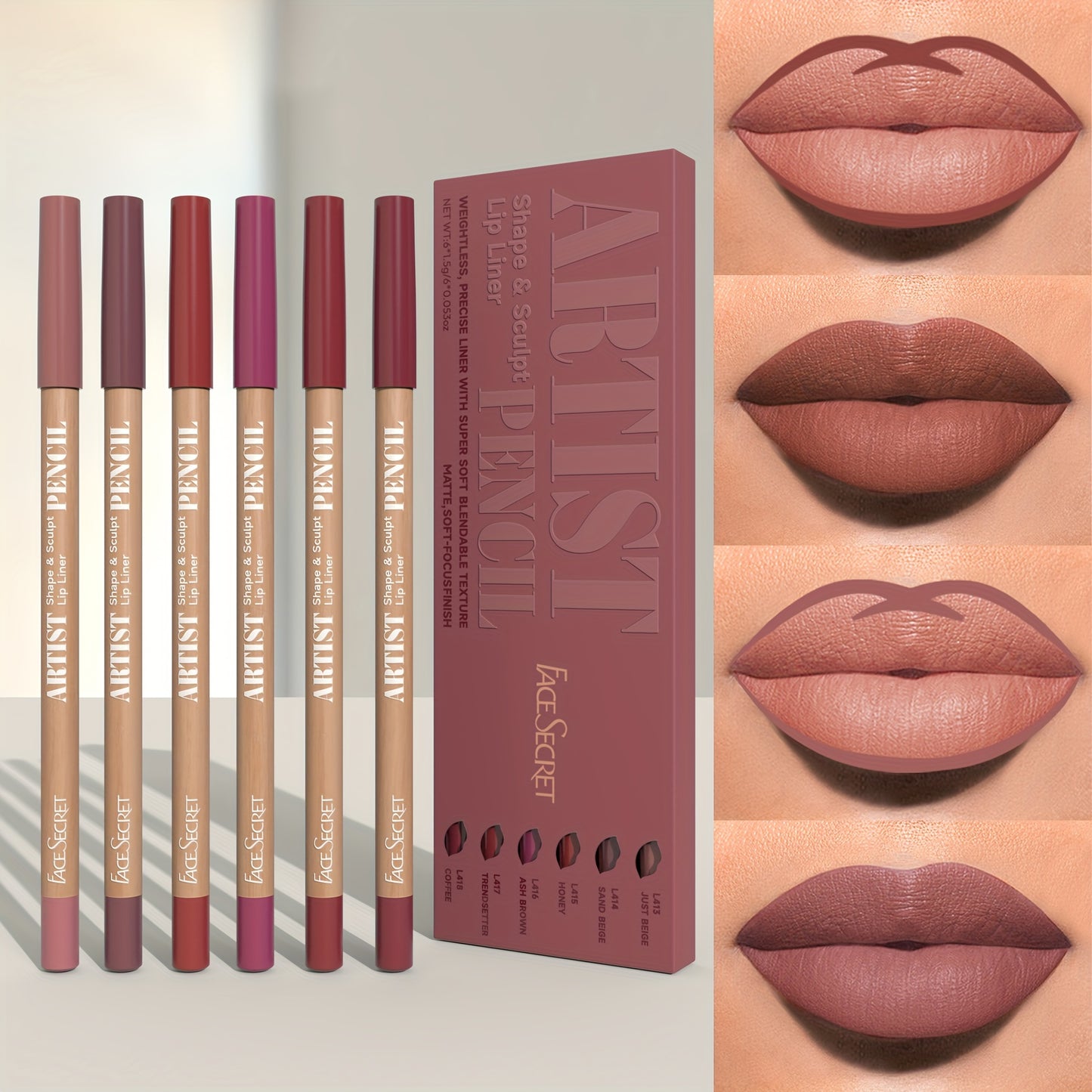 6-piece set of nude lip liners, with waterproof matte finish, long-lasting color, and easy application for daily makeup.