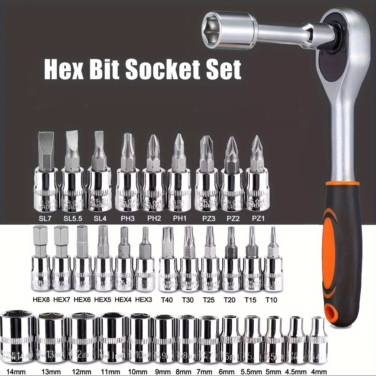 Car repair tool kit with 46 pieces including 1/4 inch drive socket ratchet wrench set, combo tools for bicycle and auto repairs.