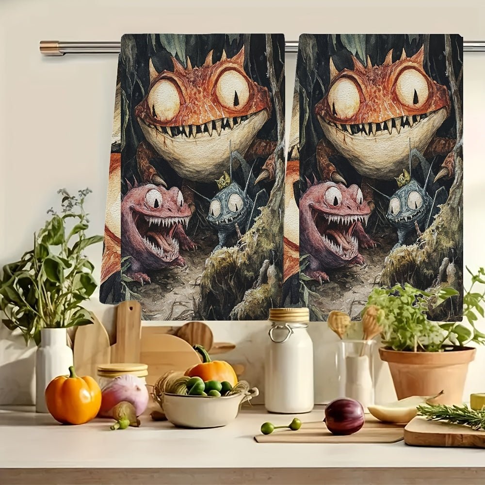 Two pieces of incredibly plush kitchen towels featuring designs of Cryptid Creatures from around the world. These highly absorbent and machine washable dish towels measure 40.64x60.96 cm, making them perfect for holiday decor in the kitchen. These