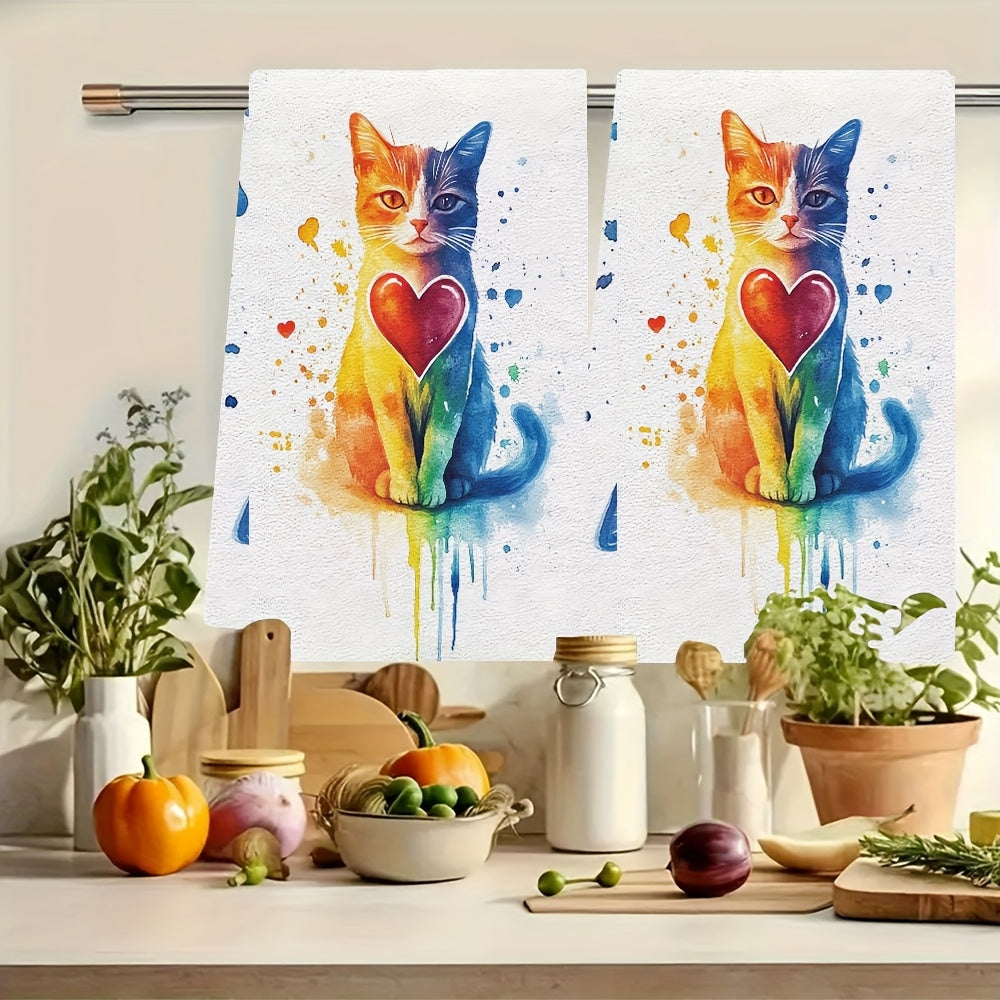 Get a pair of ultra-soft kitchen towels adorned with a charming cat design and rainbow mini hearts, great for celebrating Valentine's Day. These highly absorbent dish towels are easy to clean in the washing machine and are 40.64X60.96 cm in size, making