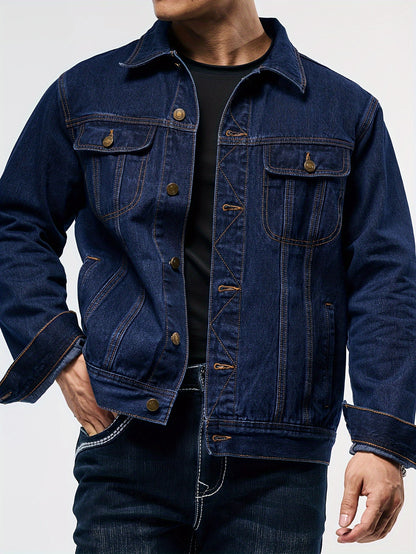 Men's Denim Jacket - Long Sleeve with Flap Pockets, Machine Washable