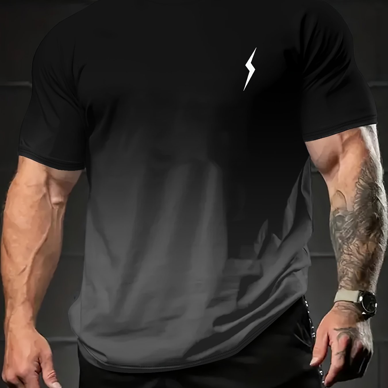 Men's Summer Casual T-Shirt with 3D Lightning Pattern, Gradient Color, Short Sleeve, Crew Neck, 100% Polyester Knit Fabric, Slight Stretch, Regular Fit, 140gsm - Stylish Sports Tee for