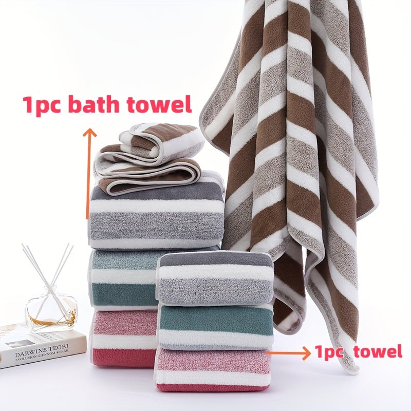 Soft and absorbent striped bath and hair towel set for spring and summer.