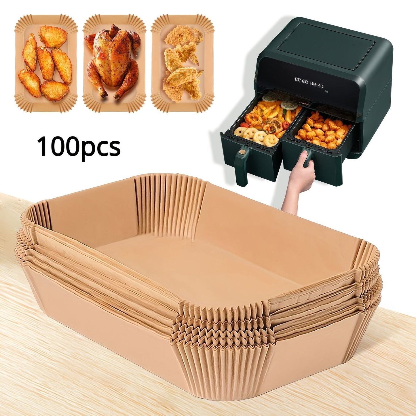 100 pieces of large rectangular silicone air fryer liners - featuring non-stick coating, easy to clean, oven safe disposable baskets for baking and cooking - essential space-saving kitchen tools.