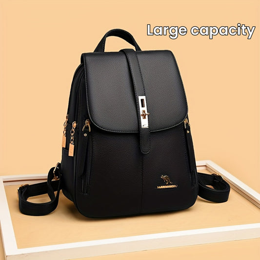 Women's spacious backpack with solid color and buckle design, perfect for outdoor activities and travel.