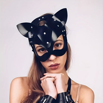 Women's punk leather cat-ears mask: adult party accessory, SM kink gear, 19.5cm/7.7inch