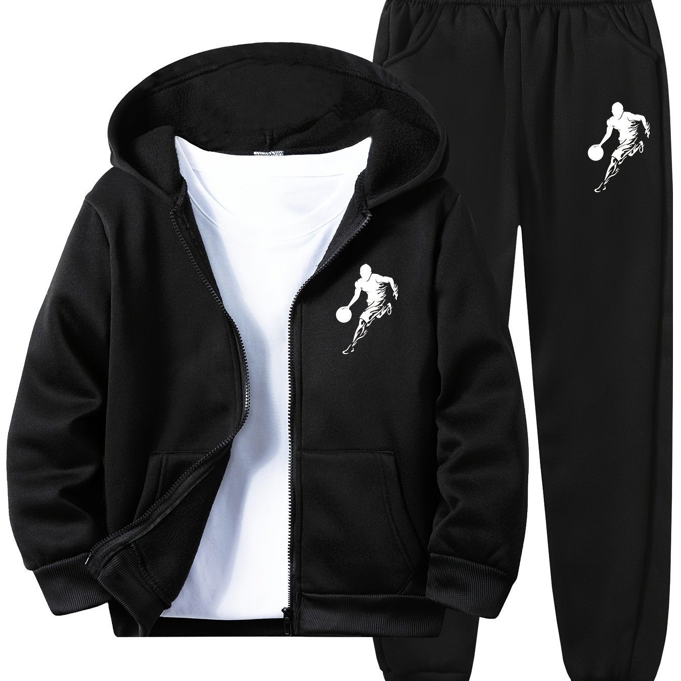 2-piece set with basketball player print hoodie and sweatpants for boys and girls. Knit polyester with geometric pattern top. Regular fit with slight stretch for fall/winter daily wear