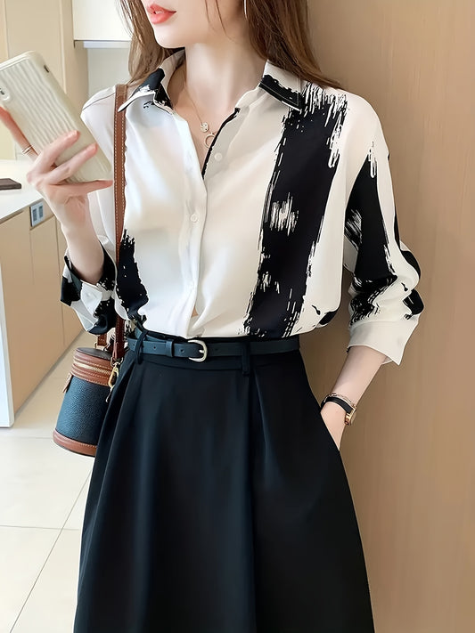 Spring and Autumn new casual collar shirt with brush print, turnover collar and long sleeves for women.