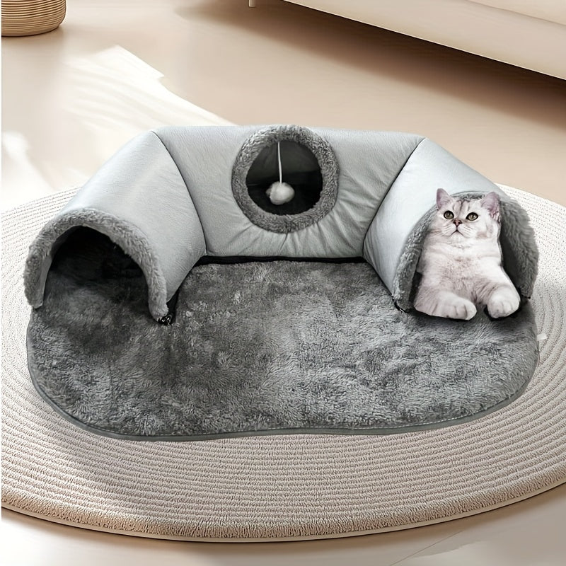 Cozy cat tunnel bed with play mat and warm nest for small to medium pets.